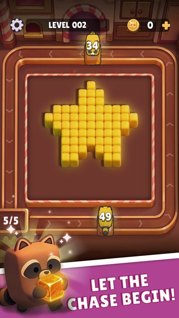 A level 2 board holding a yellow star made of candy blocks, captioned “Let the chase begin!”