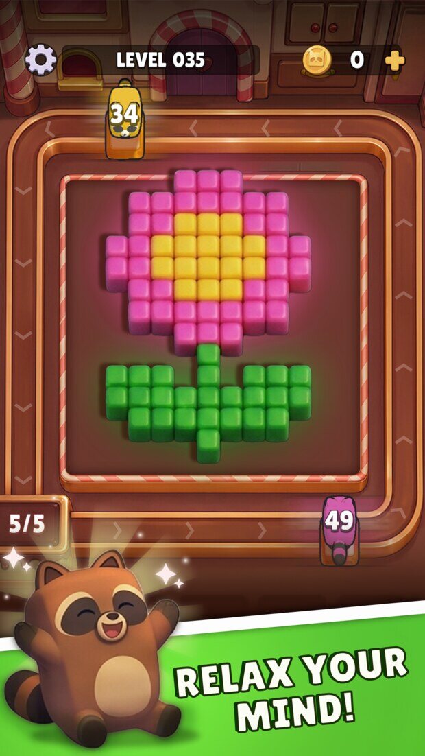A level 35 board holding a pink and yellow flower made of candy blocks, captioned “Relax your mind!”