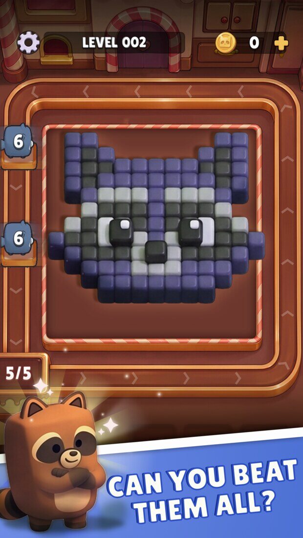 A level 2 board holding the raccoon’s face in grey and purple candy blocks, captioned “Can you beat them all?”